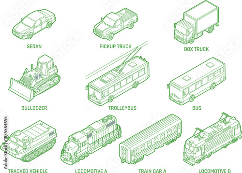 Isometric green line labeled transportation vehicles set showing cars trucks buses bulldozer trolleybus and trains vector illustration collection