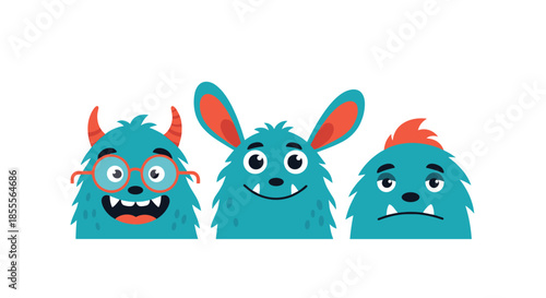 Set of three cute turquoise monster faces showing a range of emotions, including happy with glasses, neutral, and sad or upset.