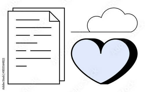 Cloud storage, online collaboration, digital communication, file sharing, document management, data backup. Paper document, heart shape and cloud symbol in minimal design. Cloud storage and online