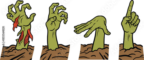 Zombie hands emerging from ground illustration set showing horror gestures undead arms spooky comic style vector artwork