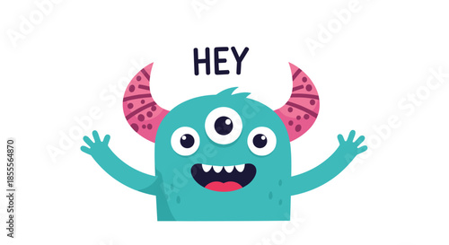 Cute and friendly three-eyed monster with patterned horns waving happily and saying Hey in a cheerful greeting illustration.