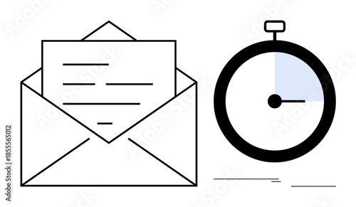 Envelope containing a letter next to a stopwatch indicating urgency. Ideal for communication, time management, deadlines, productivity, correspondence, efficiency, teamwork. Simple flat metaphor