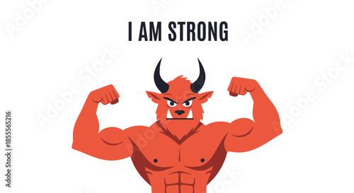 Motivational cartoon of a muscular red monster with horns flexing its biceps with the inspirational phrase I Am Strong.