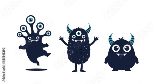 Collection of three funny dark blue monsters with multiple eyes in various cute and spooky poses, isolated on a white background.