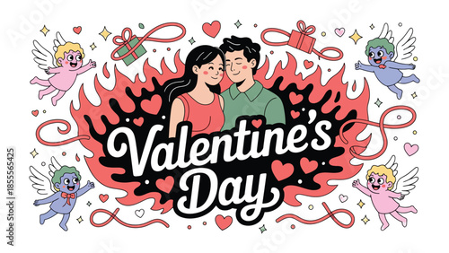 Valentine's Day Couple in Love: A tender scene depicts a loving couple embraced, surrounded by festive elements like hearts, cupids, and gifts.