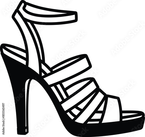 Black and white line art illustration of a woman high heel sandal with ankle strap and multiple bands isolated on white background for fashion design project.