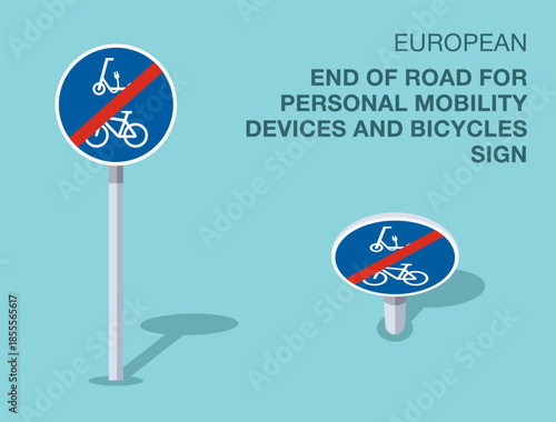 Traffic regulation rules. Isolated european "end of road for personal mobility devices and bicycles" road sign. Front and top view. Flat vector illustration template.