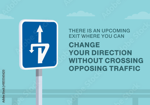 Safe driving tips and traffic regulation rules. Close-up of european "flyover u-turn" sign meaning. Exit where you can change direction. Flat vector illustration template.