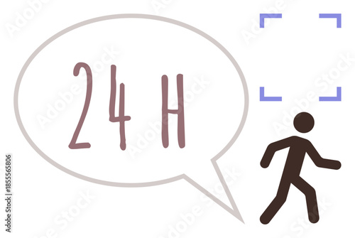 Walking figure beside speech bubble with 24 H text emphasizes round-the-clock service, support, or readiness. Ideal for customer service, availability, time management, delivery, urgency