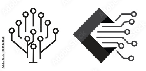 Circuitry tree and microchip processor icons for technology hardware artificial intelligence digital electronics and IT system branding