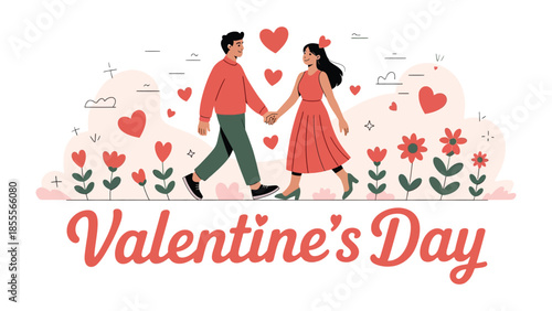 Valentine's Day Couple in Love: A romantic illustration portrays a couple walking hand-in-hand surrounded by hearts and flowers, symbolizing love and togetherness on Valentine's Day.