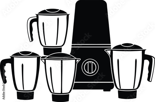 Modern electric mixer grinder with multiple stainless steel jars set icon for kitchen appliance and food processor equipment silhouette vector illustration on a white background.