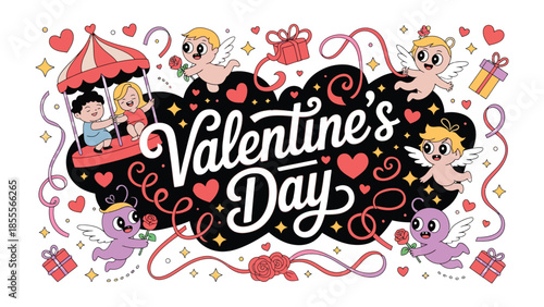 Valentine's Day Illustration: A charming, hand-drawn illustration captures the essence of love and celebration with whimsical cherubs, heart motifs, and romantic elements.