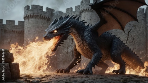 Dragon Breathing Fire in Front of a Medieval Castle.