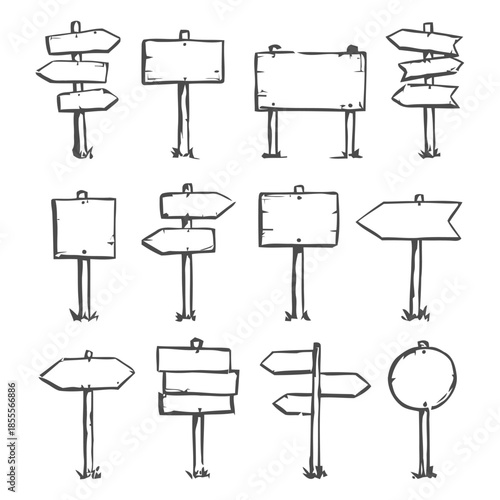 Collection of Hand Drawn Style Wooden Signpost Icons with Blank Boards and Arrows for Navigation, Direction and Information in Isolated White Background