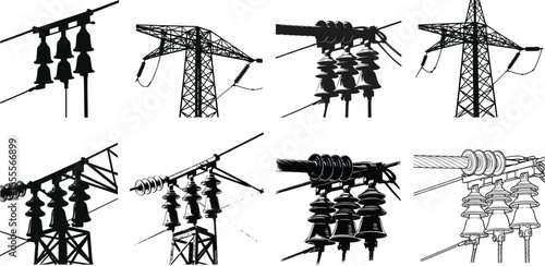 High voltage transmission tower illustrations showing electrical insulators, power line equipment, utility pole components, industrial energy infrastructure elements in detailed silhouette style