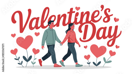 A Day of Romance: A couple is walking together, hand in hand, in the illustration that showcases the spirit of love and affection. This illustration is adorned with lovely hearts and flowers.