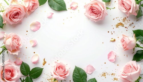 Pink roses with green leaves and gold accents on white background