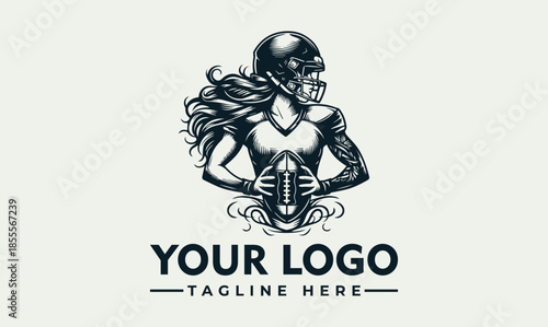 A vector logo design featuring a female American football player with a helmet and rugby ball, set against a clean background with space for a custom tagline.