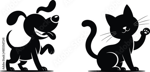 Black Silhouette Of A Happy Dog And A Waving Cat On White Background animal puppy