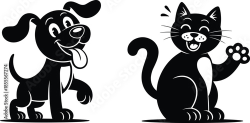 Cartoon black dog and cat waving on white background puppy kitten