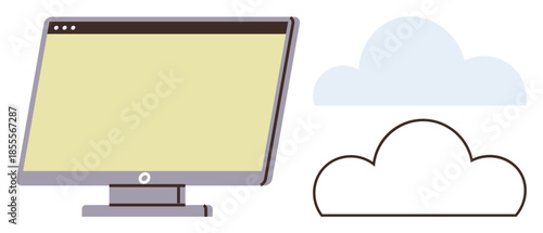 Desktop screen beside two cloud shapes, symbolizing technology, cloud storage, and data transfer. Ideal for technology, cloud computing, data storage, connectivity, innovation remote work digital