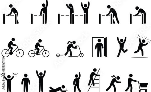 Collection of Black and White Pictograms Showing People Engaged in Various Activities Keywords: pictogram, icon, person, people