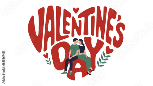 Valentine's Day Couple in Love: A romantic illustration of a couple sharing a loving embrace, set against a heart-shaped design with the words Valentine's Day.