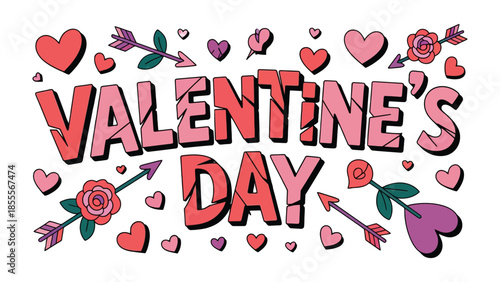 Valentine's Day Greeting: A vibrant Valentine's Day graphic, featuring bold typography, charming hearts and roses, creates a warm atmosphere for the day of love.