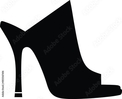 Black silhouette of a stylish high heel mule shoe icon with open toe and thin stiletto heel isolated on white background for fashion design and shopping.