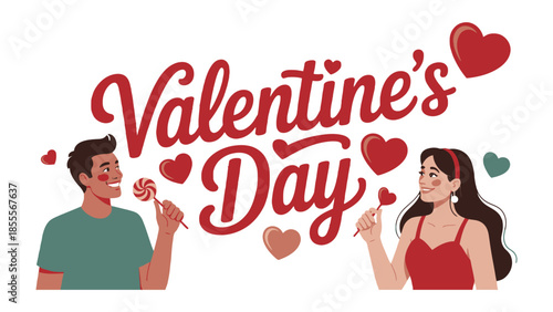 Sweethearts on Valentine's Day: A pair of individuals exchange candy, framed by hearts, for Valentine's Day, symbolizing love and companionship. 