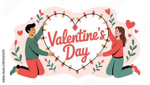 Embracing Valentine's Day: A Couple's Heartfelt Gesture of Love. Two individuals lovingly craft a glowing heart as a symbol of their affection.