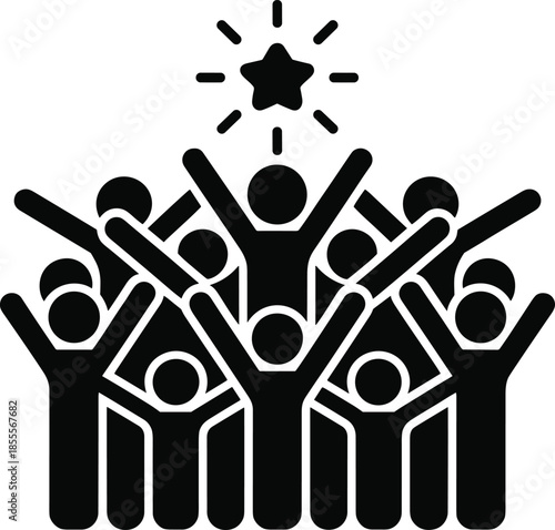 Diverse Group of People Celebrating Success with Arms Raised Towards a Shining Star Icon crowd celebration