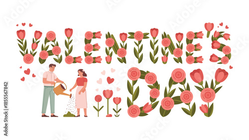 Blooming Romance: A heartwarming illustration captures the essence of Valentine's Day, where love blossoms amidst a backdrop of delicate floral artistry.