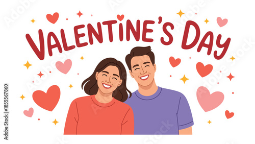 Affection's Embrace: An Illustration of love and romance, depicting a couple smiling, surrounded by hearts and festive elements. Perfect for celebrating Valentine's Day.