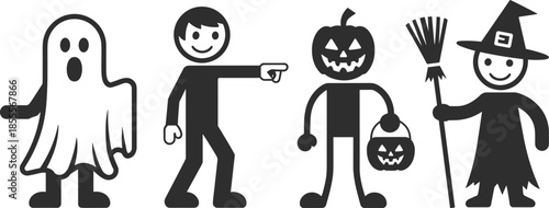 Four simple black and white Halloween characters including ghost, boy, pumpkin, and witch vector illustration