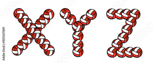 Volleyball alphabet set X, Y, and Z illustrated with braided rope style, ideal for sports logos, creative lettering, merchandise design, and energetic typography concepts