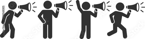 Four stick figures holding and using megaphones to announce or protest announcement shouting