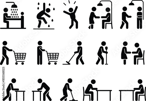 Grid of 15 Black and White Stick Figure Icons Depicting Daily Life Activities pictogram silhouette