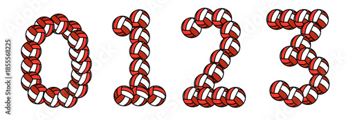 Volleyball number set 1, 2, 3, and 4 illustrated with braided ball texture, ideal for sports branding, jersey numbers, scoreboards, posters, and creative athletic typography