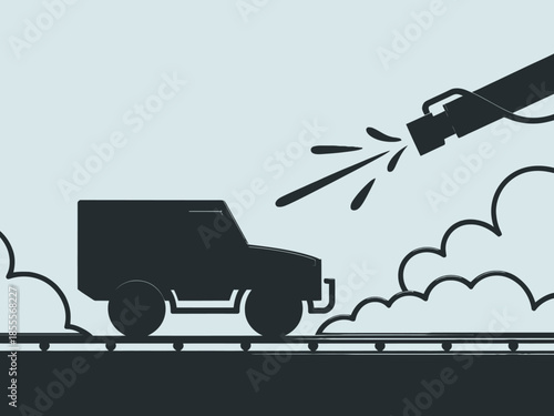 Truck being refueled on the road with a large fuel hose.