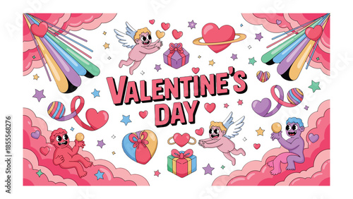 Valentine's Day Illustration: a vibrant illustration capturing the essence of Valentine's Day, featuring whimsical elements like hearts, cupids, and gifts, all set in a colorful and dreamy backdrop. 