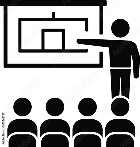 Instructor pointing to a diagram on a whiteboard for an audience presentation teaching