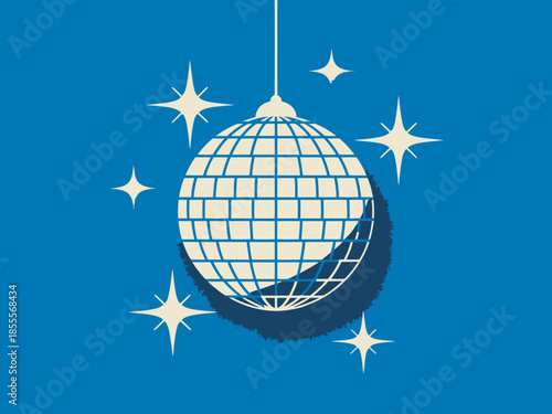 Disco ball hanging from the ceiling surrounded by stars on a blue background.