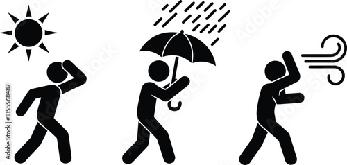 People Experiencing Different Weather Conditions Sun Rain Wind umbrella
