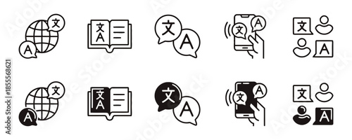 collection of modern flat icons representing translation services including globe books speech bubbles phone and people with letters for global communication and language learning apps