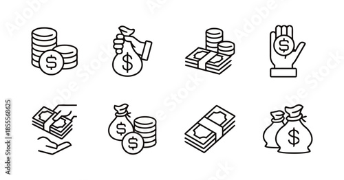 Collection of Money Icons Featuring Stacks of Coins Paper Currency Handfuls and Bags Minimalist Line Art Style Isolated on White Background Exactly 200 Characters