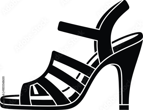 Elegant women's strappy high heel sandal silhouette icon for fashion design and footwear branding isolated on a white background for commercial use.