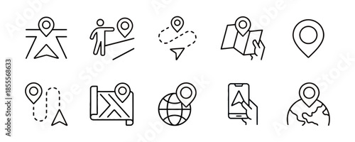 Collection of Navigation Direction Icons Such as Street Location Path Target Route Pointer Position Distance Destination Journey Guidance Sign Pin Globe