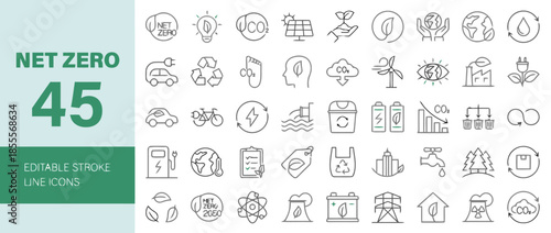 Collection of net zero icons representing sustainability and environment